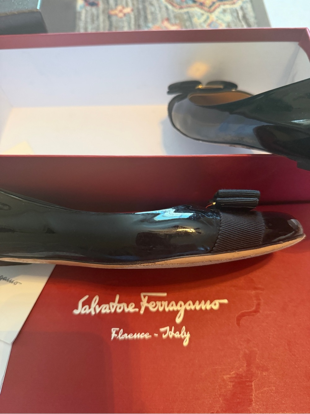 Salvatore Ferragamo Black Patent Vara Bow Flats